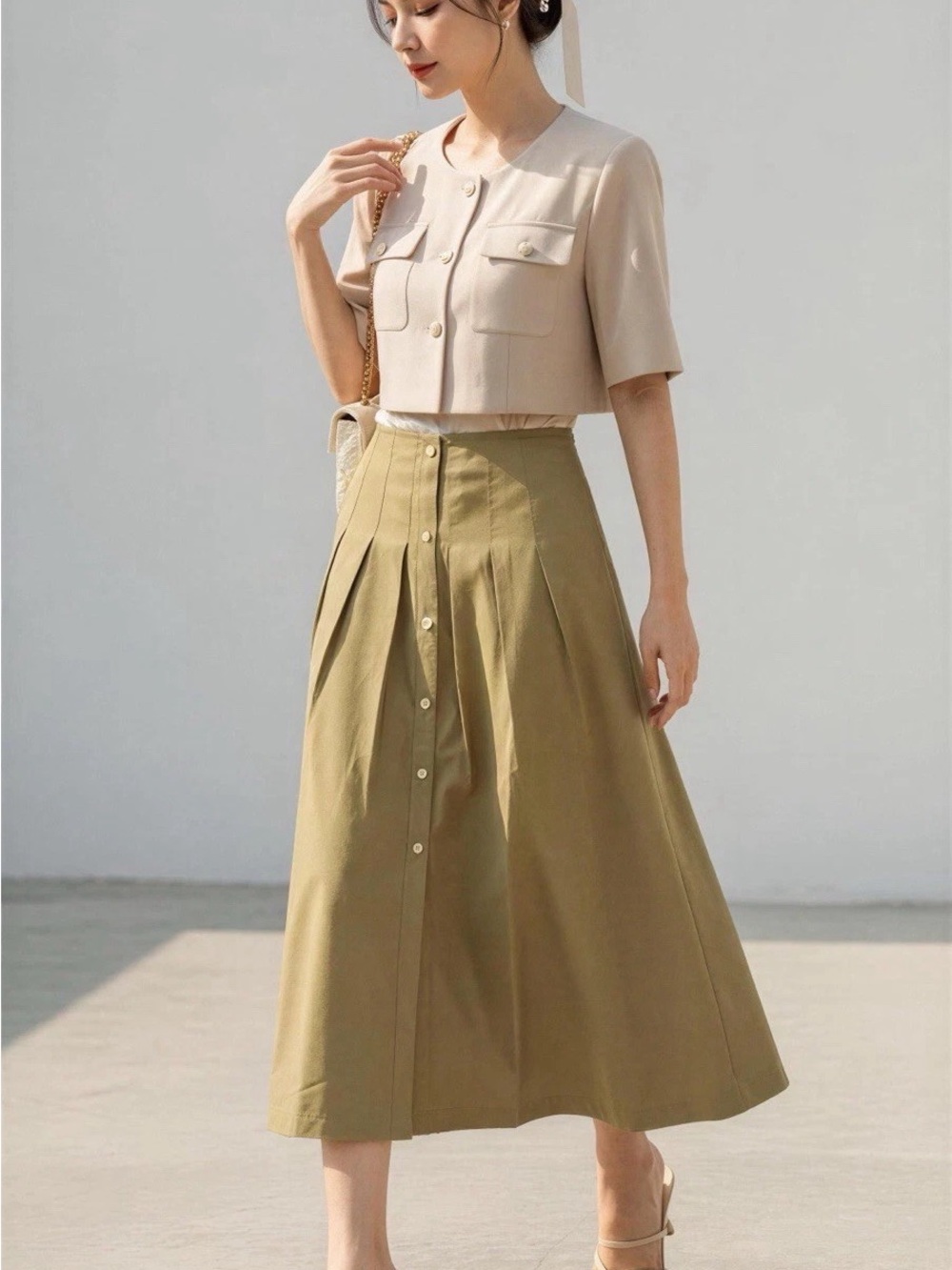 Michael Kors Olive Green Button-Front Midi Skirt